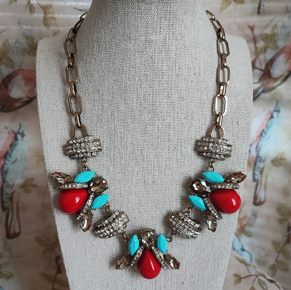 Faux Turquoise Tomato Red Clear Rhinestone Unsigned Statement Necklace Cabachons